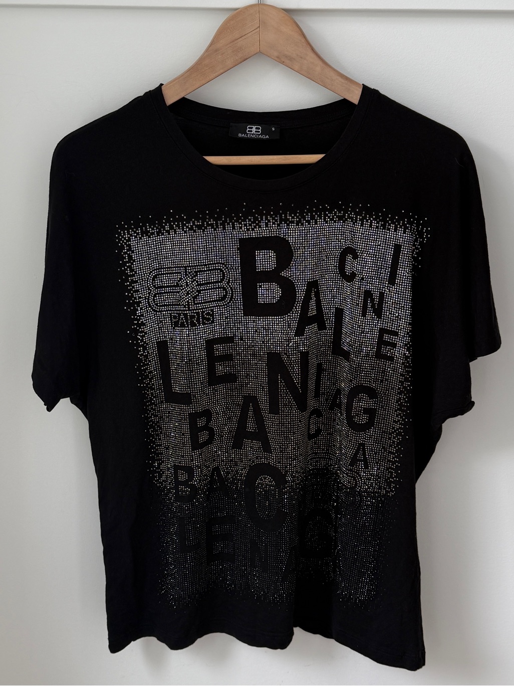 Balenciaga Black Rhinestone Embellished Logo Graphic Tee - Size S